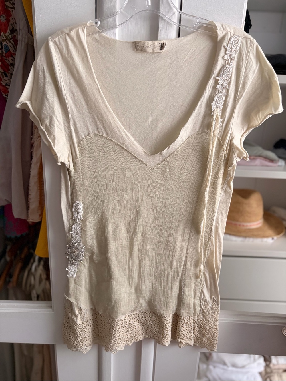 Women's Cream Embellished Short-Sleeve Top